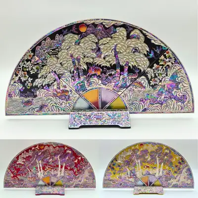 Nacre Inlay Lacquerware Ten Symbols of Longevity Fan-Shaped Folding Screen - Korean Traditional Craft Souvenir Gift