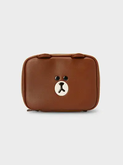 LINE FRIENDS ブラウン レザーライク スクエア ポーチ (M)