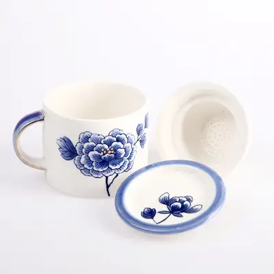 White Porcelain Blue-and-White Peony Pattern Single-Serve Tea Set