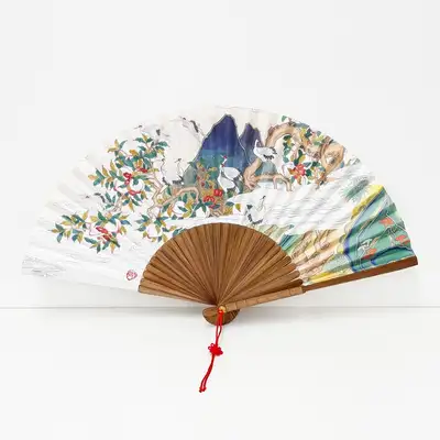 Traditional Korean Folk Painting Folding Fan - Crane and Peach Blossom (Hanji Paper Fan)