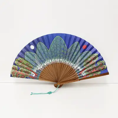 Traditional Korean Minhwa Folding Fan - Sun, Moon, and Five Peaks Design (Hanji Paper)