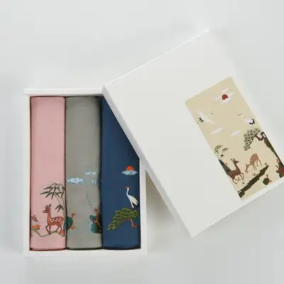 Ten Symbols of Longevity Embroidered Handkerchief 3-Piece Set