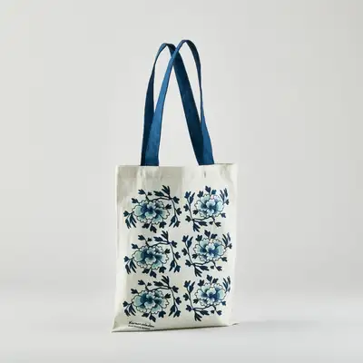 Blue and White Peony Linen Mini Bag