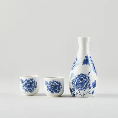White Porcelain Blue-and-White Peony Drinking Cup and Pouring Vessel Set