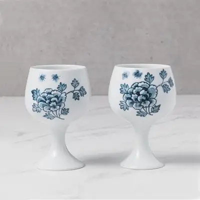 Peony Pattern Blue and White Porcelain Wine Glass Set (2p)
