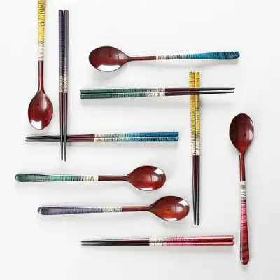 Wave Lacquer Spoon and Chopsticks Set (1 Pair)