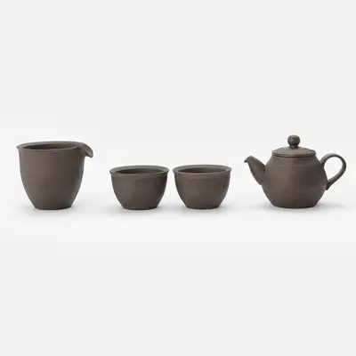 黑陶梳齿纹银釉茶具套装