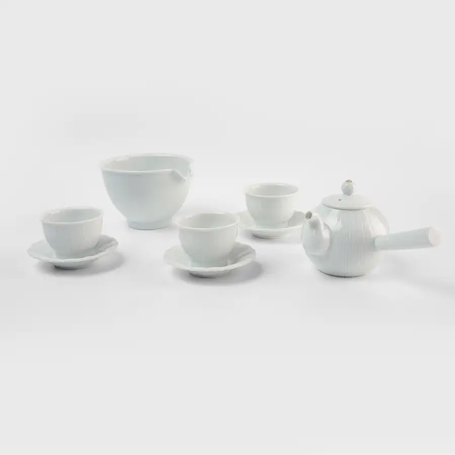 白瓷条纹3人茶具套装(侧手把)