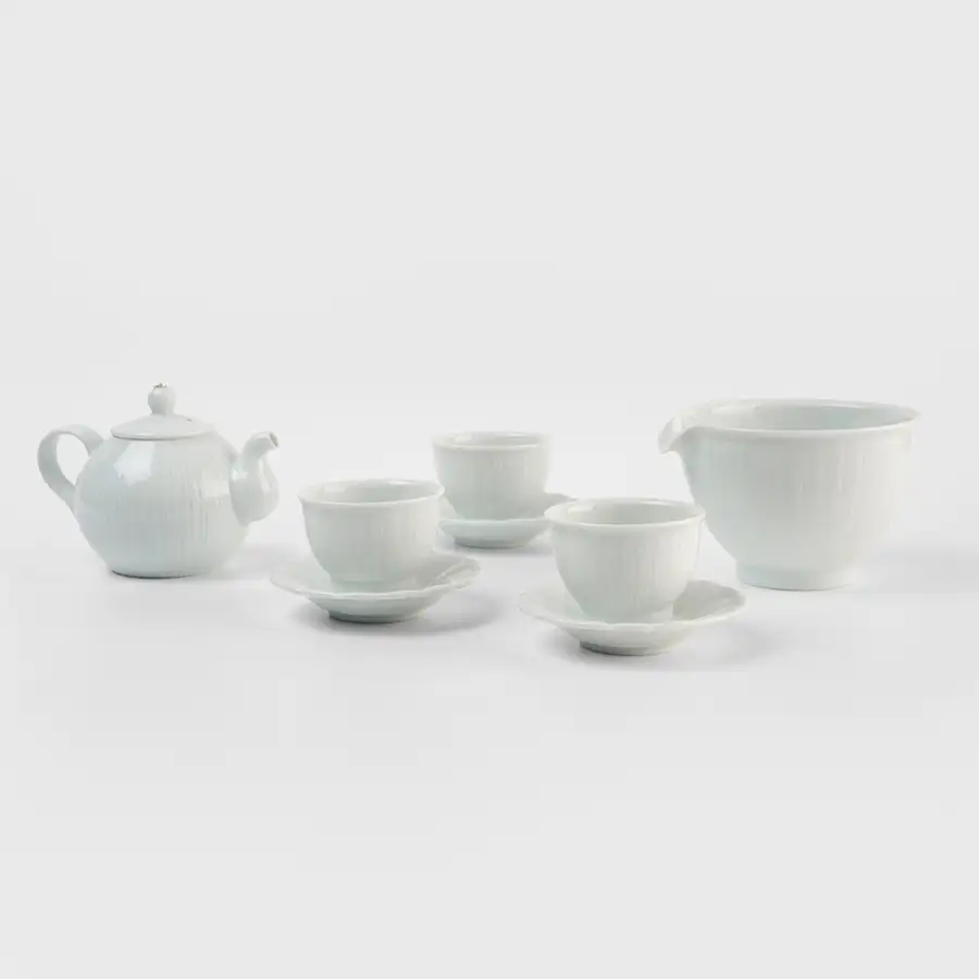 白瓷条纹三人茶具套装(背手把)