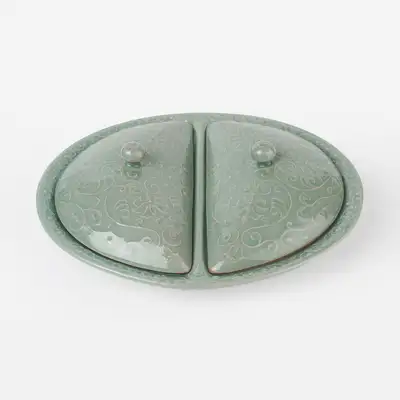 Celadon Raised Cloud and Crane Pattern Sharing Dish