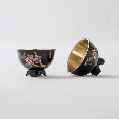 Lacquered Brass Cup Set (2pcs) - Plum Blossoms in Snow with Hand-Painted Design