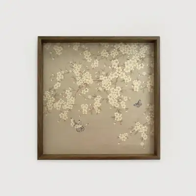 Folk Painting Wooden Tray (Pear Blossom Botanical Design, Beige)