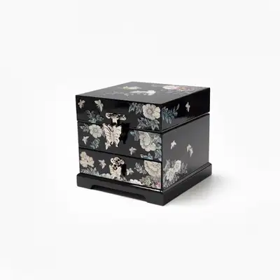 Flower and Bird Pattern Two-Drawer Jewelry Box (Black)