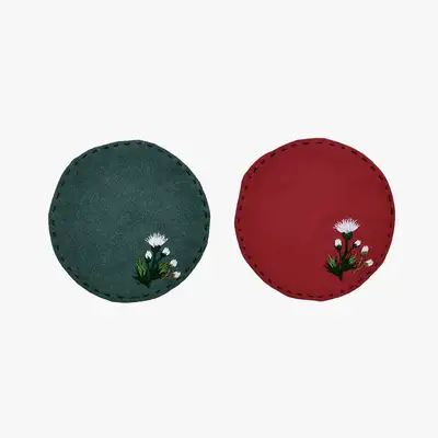 Thistle Embroidered Coaster Set (Green/Red)