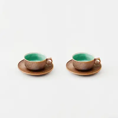 Celadon Combed-Pattern Tea Cup Set (2-Piece)
