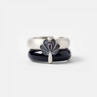 Flower Bud Silver and Black Jade Ring