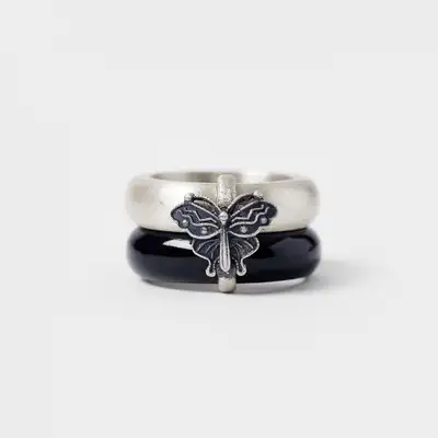 Butterfly Silver Black Jade Ring