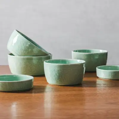 Gangjin Celadon Peony and Scrolling Vine Pattern Rice Bowl Set for 2
