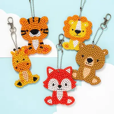 Animal Diamond Cross Stitch Double-Sided Keyring DIY Cubic Bead Craft Elementary String Art Kit Materials