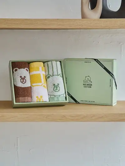 LINE FRIENDS x Songwol Brown Basic Hand Towel 3-Piece Set (Brown, Green, Yellow)