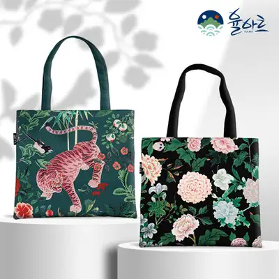 Minhwa Shoulder Bag Women's Daily Canvas Flower Pattern Light Eco Bag Shopper Bag Handbag Tote Bag Storage Gift Diaper Casual