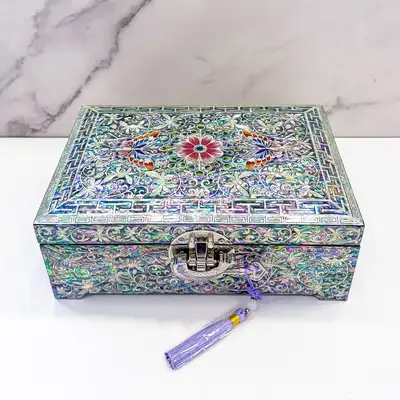 Premium Mother-of-Pearl Lacquerware Two-Tier Butterfly and Scrollwork Jewelry Box - Work by Jang Tae-bok