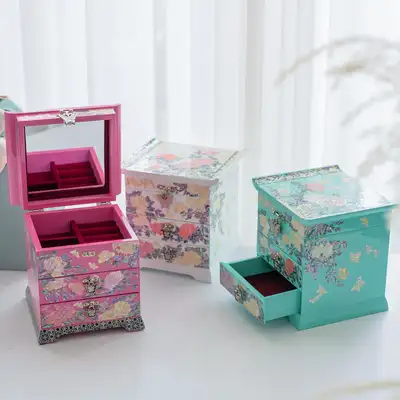 Mother-of-Pearl Lacquerware Pastel Jewelry Box with 3-Drawer Storage, Peony Design