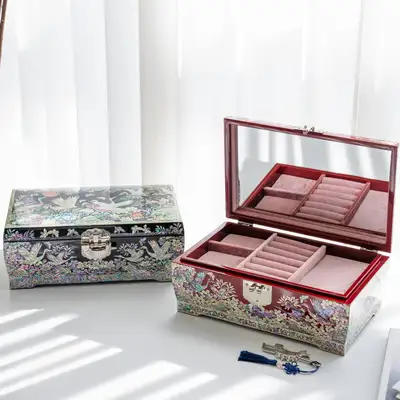 Premium Mother-of-Pearl Lacquerware Crane Flower Jewelry Box 30cm Red Black by Jang Tae-bok