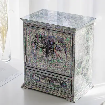 Madre-of-Pearl Lacquerware Crane and Ten Symbols of Longevity Double-Door Jewelry Box Large