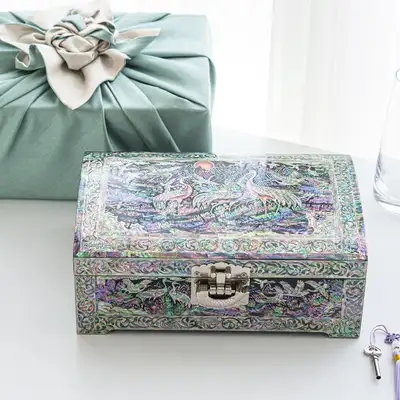 Nacre Lacquerware Two-Tier Mother-of-Pearl Jewelry Box 25cm Flock of Cranes Black