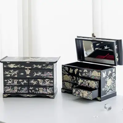 Premium Mother-of-Pearl Lacquerware 5-Tier Jewelry Box Large (Matte Black)