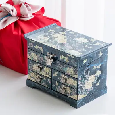 Peony and Scholar 5-Drawer Mother-of-Pearl Jewelry Box Medium (Korean Paper, Blue)