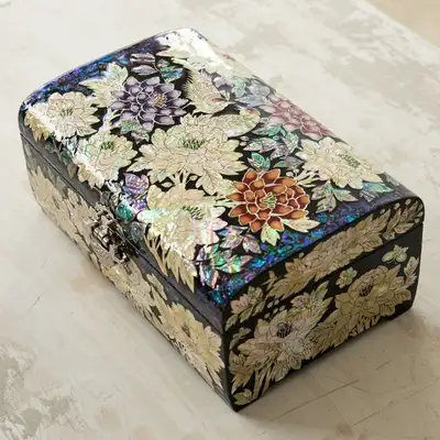 Premium Lacquerware Celadon Jewelry Box with Peony Pattern 30cm - Artwork by Park In-ho