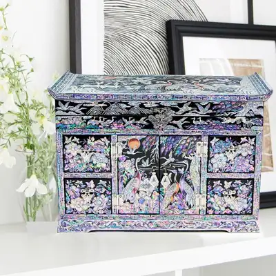 Premium Mother-of-Pearl Lacquerware Jewelry Box with Ten Symbols of Longevity and Double-Door Tile Design