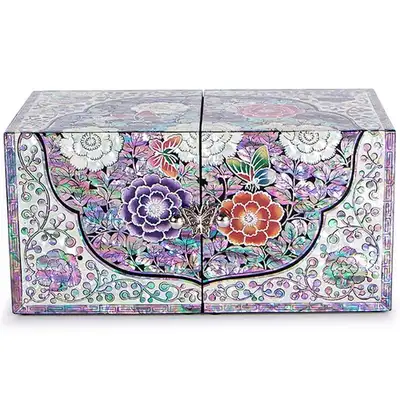 Peony Oval-Rim Double-Tier Mother-of-Pearl Jewelry Box (Large)