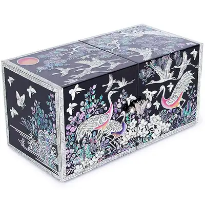 Pine and Crane Shell-Inlay Jewelry Box (Black, Large)