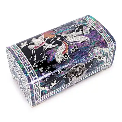 Crane Round-Shaped 2-Tier Lacquered Jewelry Box 24cm (Black) - Work by Oh Myung-ho