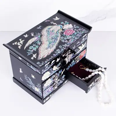 Peacock and Scholar Mother-of-Pearl Jewelry Box with 5 Drawers (Glossy Black)