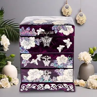 Peony 3-Drawer Mother-of-Pearl Jewelry Box (Hanji, Purple)