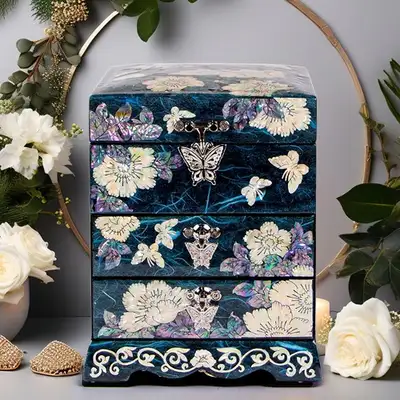 Peony 3-Drawer Mother-of-Pearl Jewelry Box (Hanji, Blue)