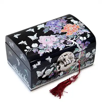 Three-Color Peony Two-Tier Mother-of-Pearl Jewelry Box in Black and Red - Jang Tae-bok's Work