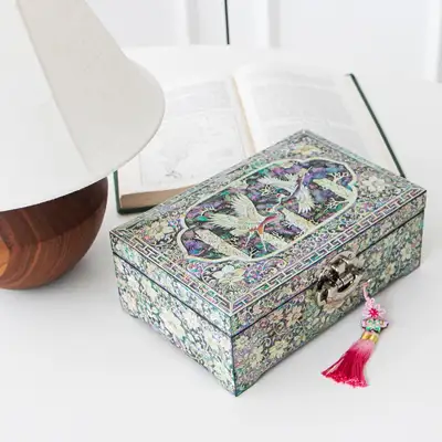 Premium Mother-of-Pearl Lacquerware Arabesque Crane Two-Tier Jewelry Box - Work by Jang Tae-bok