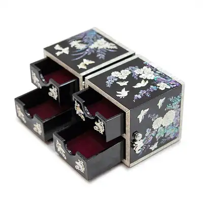 Four Gentlemen Natural Mother-of-Pearl Double Jewelry Box (Medium, Glossy, Black) - Work by Oh Myeong-ho
