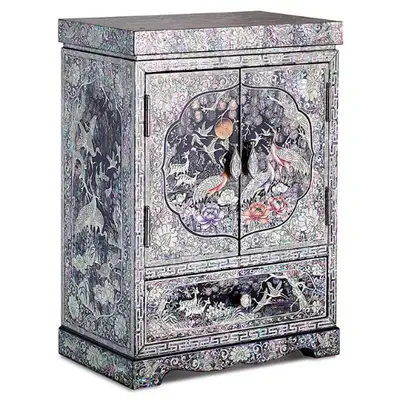 Nacre Lacquerware Pine and Crane Ten Symbols of Longevity Dual Door Drawer Jewelry Box Extra Large
