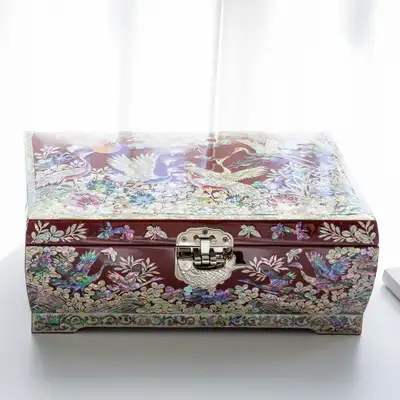 Crane and Grass Mother-of-Pearl Jewelry Box (2-Tier, Large, Red) - Work by Jang Tae-bok