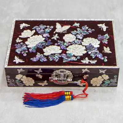 Peony Border Red Single-Tier Mother-of-Pearl Jewelry Box - Om Myung-ho