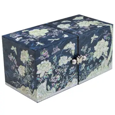 Peony Mother-of-Pearl Jewelry Box with Double Compartments (Medium, Blue)