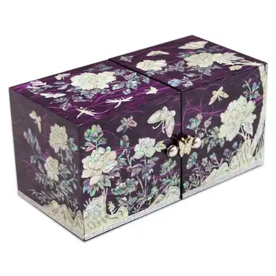 Peony Hanji Double-Layer Mother-of-Pearl Jewelry Box (Medium, Purple)