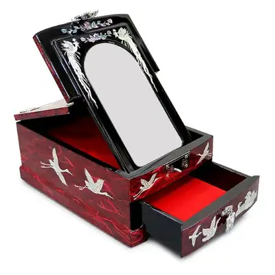 Pine and Crane Mother-of-Pearl Lacquered Jewelry Box (Red)