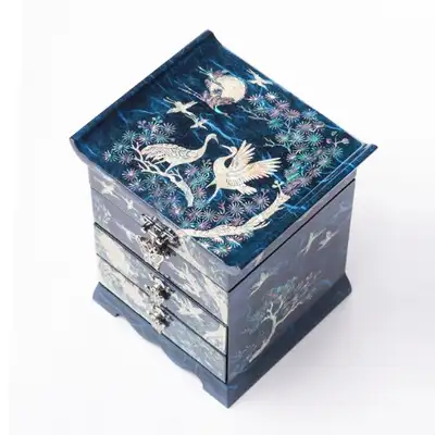 Crane Scholar Three-Drawer Mother-of-Pearl Jewelry Box (Hanji, Blue)